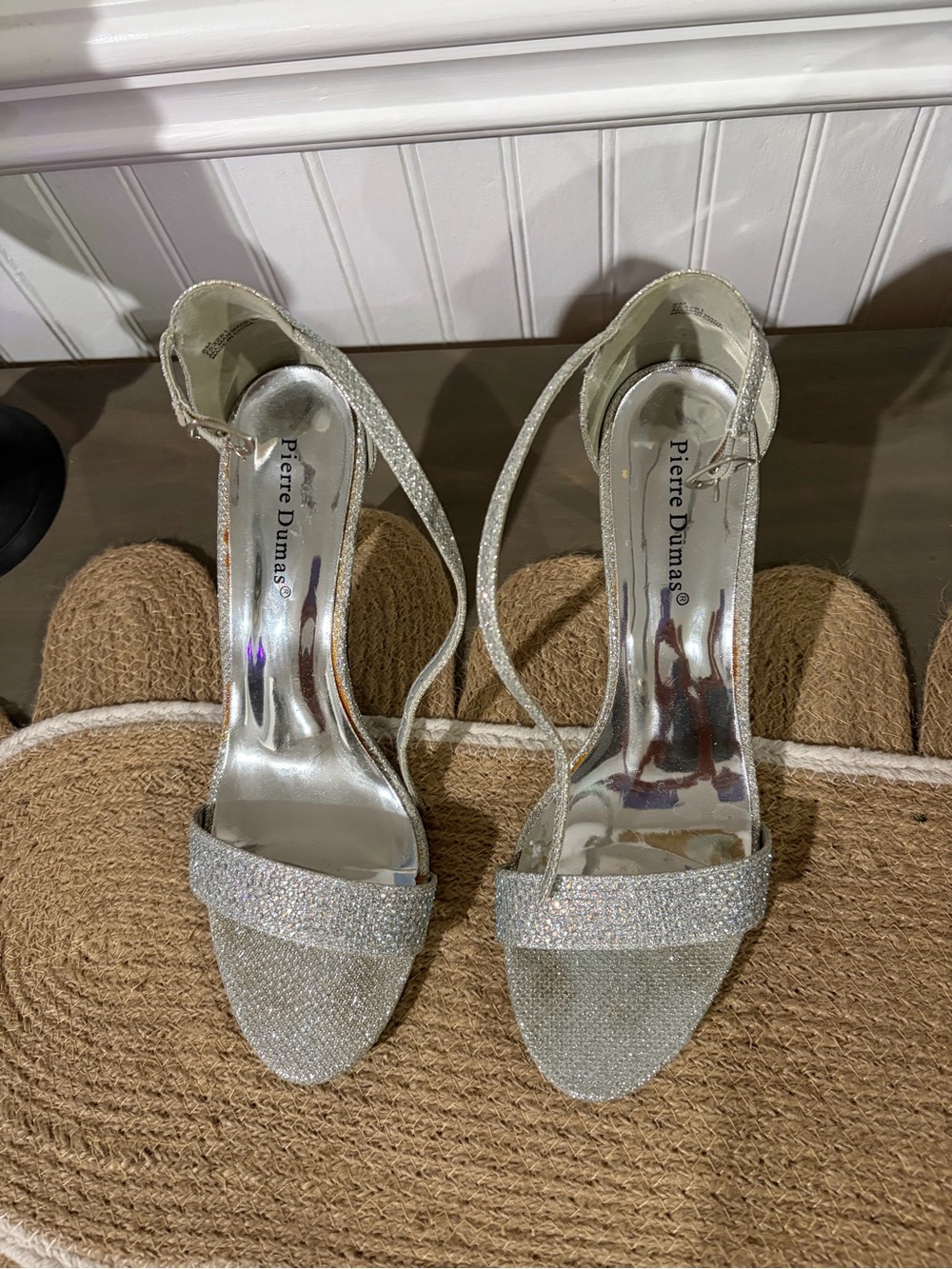 Pierre Dumas Silver Glitter Open-Toe Ankle-Strap Heels